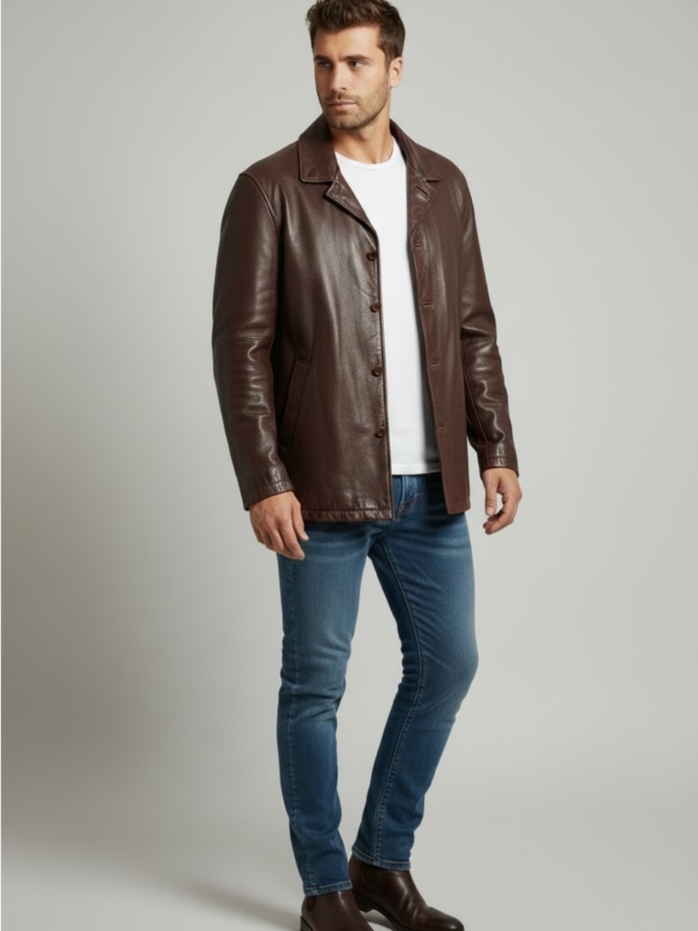 Cortefiel Men's Brown Leather Button-Up Lined Coat XL